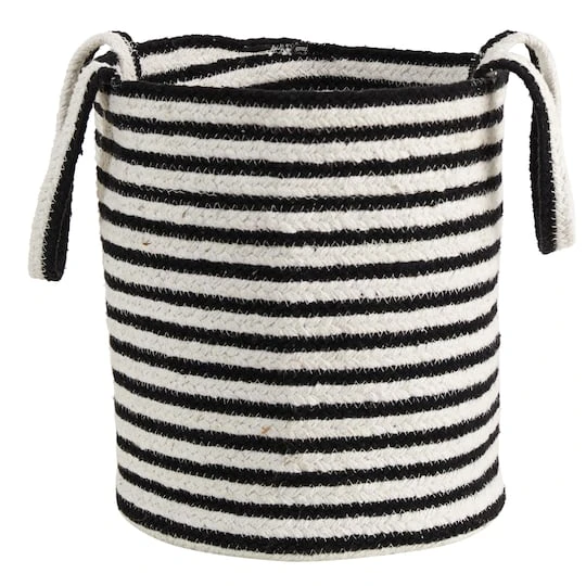 13'' Black & White Striped Natural Cotton & Jute Basket Planter 2 13'' Black & White Striped Natural Cotton & Jute Basket Planter - Image 2