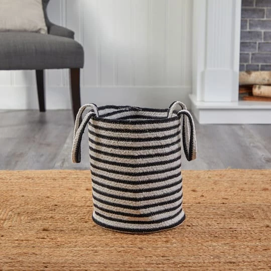 13'' Black & White Striped Natural Cotton & Jute Basket Planter 3 13'' Black & White Striped Natural Cotton & Jute Basket Planter - Image 3