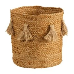 12.5'' Natural Hand-Woven Jute Boho Chic Basket Planter With Tassels