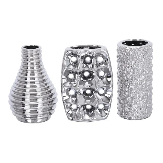 Set Of 3 Silver Ceramic Glam Vase, 8" X 5" 2 Set Of 3 Silver Ceramic Glam Vase, 8" X 5" - Image 2