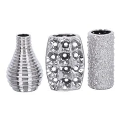 Set Of 3 Silver Ceramic Glam Vase, 8" X 5"