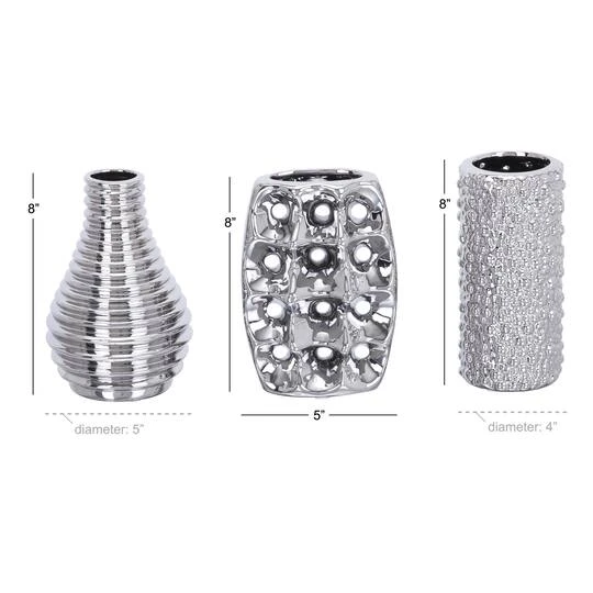 Set Of 3 Silver Ceramic Glam Vase, 8" X 5" 12 Set Of 3 Silver Ceramic Glam Vase, 8" X 5" - Image 12