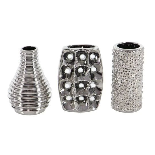 Set Of 3 Silver Ceramic Glam Vase, 8" X 5" 6 Set Of 3 Silver Ceramic Glam Vase, 8" X 5" - Image 6