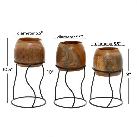 Set Of 3 Brown Teak Wood Rustic Planter 9", 11", 10" 7 Set Of 3 Brown Teak Wood Rustic Planter 9", 11", 10" - Image 7