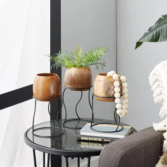 Set Of 3 Brown Teak Wood Rustic Planter 9", 11", 10" 8 Set Of 3 Brown Teak Wood Rustic Planter 9", 11", 10" - Image 8