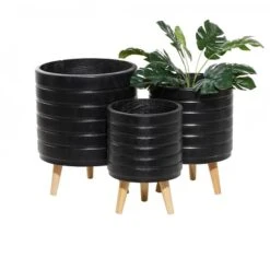 CosmoLiving By Cosmopolitan Set Of 3 Black MgO Planter 18", 16", 15"