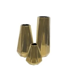 Set Of 3 Gold Stoneware Glam Vase, 7", 11", 15"