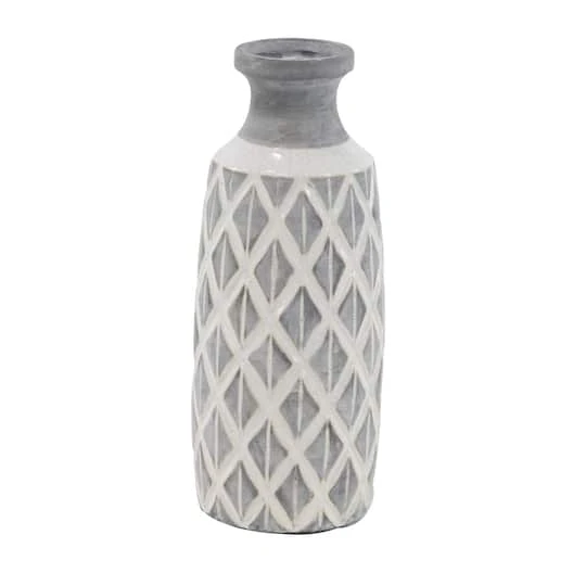 Coastal Gray And White Ceramic Jar Vase With Criss Cross Pattern, 16" X 6" X 6" 2 Coastal Gray And White Ceramic Jar Vase With Criss Cross Pattern, 16" X 6" X 6" - Image 2