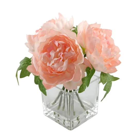 Flora Bunda® 8" Pink Peony Arrangement In Glass Pot 1 Flora Bunda® 8" Pink Peony Arrangement In Glass Pot