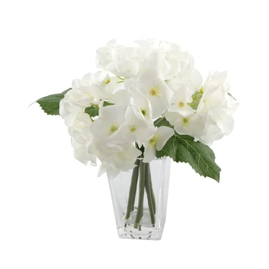 Flora Bunda® 9" White Hydrangeas Mix In Glass Vase 1 Flora Bunda® 9" White Hydrangeas Mix In Glass Vase