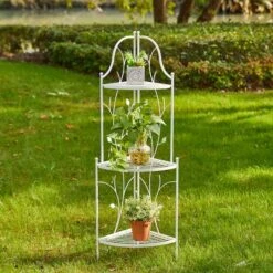 Glitzhome® 3-Tiered Metal Corner Shelf Planter Stand White -Michaels Shop D583517S 2