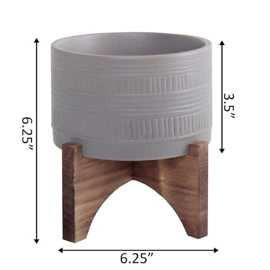 Flora Bunda 5" Matte Gray Pueblo Pot Planter With Wood Stand 3 Flora Bunda 5" Matte Gray Pueblo Pot Planter With Wood Stand - Image 3