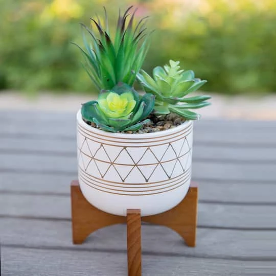 Flora Bunda 5" White Gold Geo Planter With Wood Stand 4 Flora Bunda 5" White Gold Geo Planter With Wood Stand - Image 4