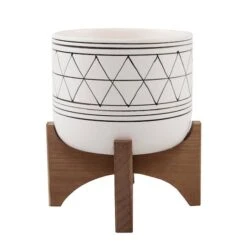 Flora Bunda 5" White & Black Geo Planter With Wood Stand