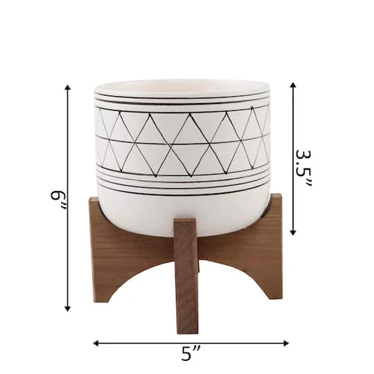 Flora Bunda 5" White & Black Geo Planter With Wood Stand 3 Flora Bunda 5" White & Black Geo Planter With Wood Stand - Image 3