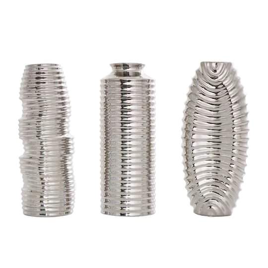 Silver Ceramic Dimensional Ribbed Vase Set 1 Silver Ceramic Dimensional Ribbed Vase Set