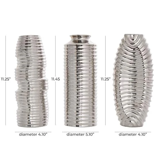 Silver Ceramic Dimensional Ribbed Vase Set 7 Silver Ceramic Dimensional Ribbed Vase Set - Image 7