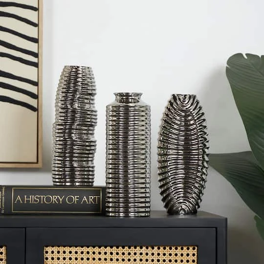 Silver Ceramic Dimensional Ribbed Vase Set 8 Silver Ceramic Dimensional Ribbed Vase Set - Image 8