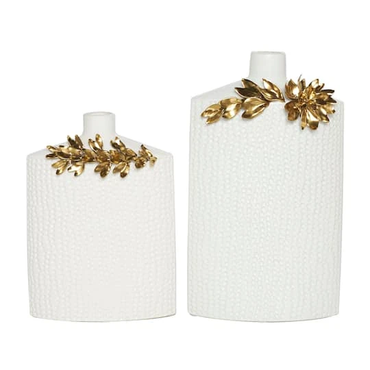 White & Gold Leaf Accent Ceramic Vase Set 2 White & Gold Leaf Accent Ceramic Vase Set - Image 2