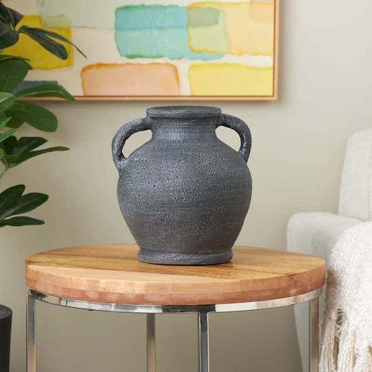 10.5" Black Ceramic Textured Whitewashed Vase With Handles 3 10.5" Black Ceramic Textured Whitewashed Vase With Handles - Image 3