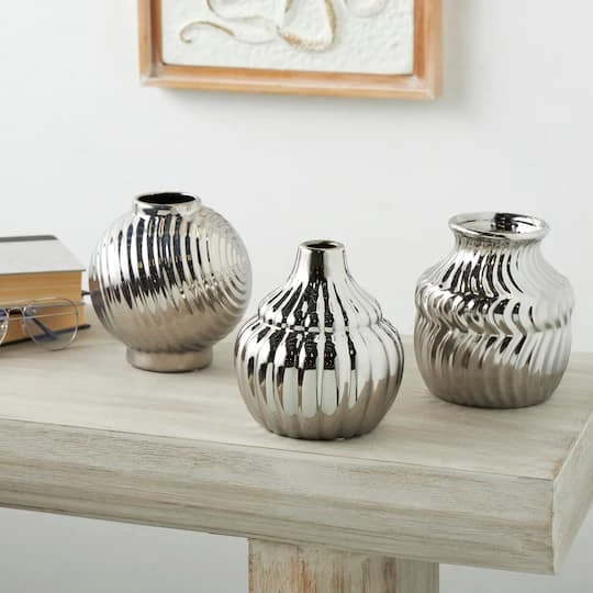 Silver Ceramic Abstract Textured Vase Set 3 Silver Ceramic Abstract Textured Vase Set - Image 3
